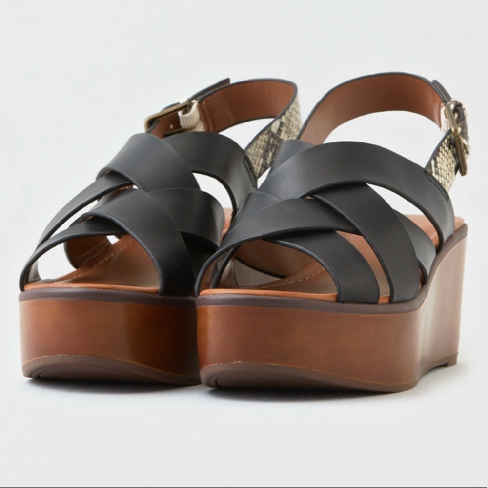 🎁 1 LEFT HONEY WOODEN PLATFORM WEDGE SANDAL Sz 10 - Picture 2 of 5